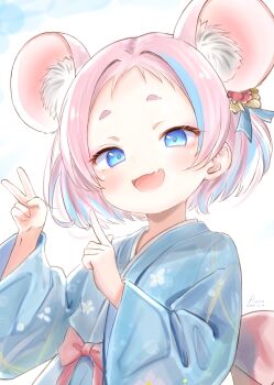1girl :d absurdres animal_ears arms_up artist_name back_bow blue_eyes blue_kimono blue_streaks bow commentary_request dated doyagao extra_ears fangs floral_print fluno hair_intakes hair_ornament highres index_finger_raised japanese_clothes kimono mouse_ears mouse_girl multicolored_hair open_mouth original pink_bow pink_hair short_bangs short_eyebrows short_hair simple_background skin_fangs smile smug solo streaked_hair upper_body white_background wide_sleeves