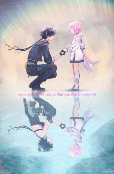 Rule 34 | 1boy, 2girls, absurdres, adoptive parent and adoptive child, aemeath (wuthering waves), aemeath (young) (wuthering waves), black dress, black hair, black jacket, black pants, breasts, commentary, different reflection, dress, elbow pads, english text, father and daughter, female rover (wuthering waves), highres, jacket, long sleeves, male rover (wuthering waves), medium breasts, morted art, mother and daughter, multiple girls, pants, pink hair, reflection, rover (wuthering waves), squatting, standing, taking another's hand, white dress, wuthering waves