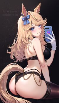 1girl absurdres agurami animal_ears ass ass_focus back black_bra black_choker black_panties black_thighhighs blonde_hair blue_bow blue_eyes blush bow bra breasts chain choker closed_mouth commentary commission dark_background ear_bow english_commentary english_text from_behind gloves gold gold_chain gold_city_(umamusume) highres holding holding_phone horse_ears horse_girl horse_tail huge_ass lace lace_panties large_breasts long_hair looking_at_viewer looking_back median_furrow panties phone selfie single_glove skindentation smile solo swept_bangs tail thick_thighs thighhighs thighs umamusume underwear underwear_only white_gloves yellow_tail