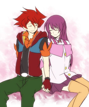 Rule 34 | 1boy, 1girl, bad id, bad pixiv id, bashin dan, battle spirits, battle spirits: brave, couple, closed eyes, holding hands, hetero, long hair, purple hair, red hair, shinomiya mai, short hair, skirt, smile, tarou (run), thighhighs