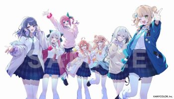 6+girls ahoge aqua_eyes arm_up black_shoes brown_hair closed_mouth commentary_request earrings green_eyes grey_eyes grey_hair heterochromia idios igarashi_rika ishigami_nozomi jacket jewelry jumping kaburaki_roco kneehighs koshimizu_toru kuramochi_meruto loafers long_hair long_sleeves looking_at_viewer multiple_girls nijisanji official_art one_eye_closed open_clothes open_jacket open_mouth orange_hair pink_eyes pink_hair school_uniform shishido_akari shoes skirt smile socks sophia_valentine standing touka_moru04 virtual_youtuber white_socks