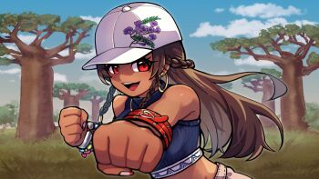 1girl baseball_cap blue_sky bracelet braid brown_hair cloud commentary_request crop_top earrings eyelashes foreshortening grass hat hoop_earrings jewelry kotorai long_hair looking_at_viewer miary_zo midriff mole mole_under_eye official_art open_mouth outdoors punching red_eyes ribbed_shirt shirt sky sleeveless sleeveless_shirt solo tan tekken tekken_8 tree white_hat