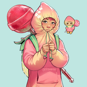 Rule 34 | 1girl, backpack, bag, blue background, blush, brown eyes, candy, closed mouth, commentary, cookie run, cookie run: kingdom, drawstring, english commentary, food, freckles, frown, fruit, green bag, hands up, holding, hood, hood up, hoodie, humanization, lips, lollipop, long sleeves, nijuuni, official art inset, oversized food, oversized object, pink hair, pink hoodie, pocket, puffy long sleeves, puffy sleeves, raised eyebrows, realistic, reference inset, short hair, simple background, solo, strawberry, strawberry cookie, strawberry cookie (unripe berry), tareme, thick eyebrows, twitter username, upper body, weapon, weapon on back