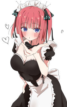 1girl absurdres apron black-framed_eyewear black_bow black_bowtie blowing_kiss blue_eyes blush bow bowtie breasts cleavage closed_mouth commentary go-toubun_no_hanayome hand_up heart highres large_breasts looking_at_viewer maid maid_headdress nakano_nino pink_hair puffy_short_sleeves puffy_sleeves short_sleeves simple_background solo urishima white_apron white_background