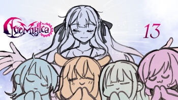 5girls animal_ears ave_mujica_(bang_dream!) bang_dream! bang_dream!_it&#039;s_mygo!!!!! blush chinese_commentary closed_eyes closed_mouth commentary_request dog_ears dog_girl highres kemonomimi_mode long_hair medium_hair misumi_uika multiple_girls multiple_monochrome praying sidelocks togawa_sakiko wakaba_mutsumi yahata_umiri yoyoray20001996 yuutenji_nyamu