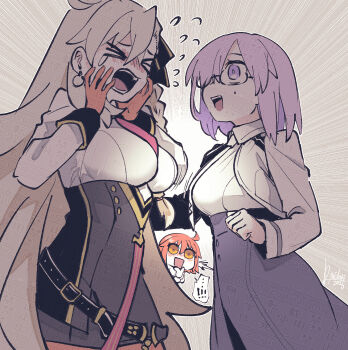 >_< 3girls ahoge black_skirt blush breasts chibi collared_shirt commentary_request cropped_jacket crying fate/grand_order fate_(series) flying_sweatdrops fujimaru_ritsuka_(female) glasses gloves grey_hair hair_over_one_eye hair_ribbon high-waist_skirt highres jacket kimidorix32 large_breasts long_hair long_sleeves looking_at_viewer mash_kyrielight mash_kyrielight_(chaldea_uniform) multiple_girls necktie olga_marie_animusphere olga_marie_animusphere_(unbeast) open_mouth orange_eyes orange_gloves orange_hair orange_pantyhose pantyhose pencil_skirt pink_hair purple_eyes ribbon riyo_(lyomsnpmp)_(style) shirt short_hair skirt smile white_jacket white_shirt