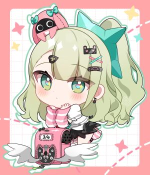 Rule 34 | 1girl, absurdres, arm warmers, bandaid, bandaid hair ornament, bangboo (zenless zone zero), black skirt, blush, checkered background, chibi, closed mouth, commentary request, earrings, elbow rest, fur-trimmed skirt, fur trim, green eyes, green hair, hair ornament, heart, heart hair ornament, highres, jewelry, leg warmers, looking at viewer, multiple hair clips, musical note earrings, pink arm warmers, pink bag, pink leg warmers, ponytail, shirt, skirt, sparkling eyes, striped arm warmers, striped leg warmers, sunna (zenless zone zero), white background, white shirt, winged bag, yuni (irohasuiroiro), zenless zone zero