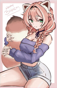 1girl absurdres animal_ear_fluff animal_ears bare_shoulders choker denim green_eyes hair_between_eyes highres hugging_tail indie_virtual_youtuber jeans light_smile on_ground pants purple_shirt red_panda_ears red_panda_girl red_panda_tail ribbon_choker seizedguysavage shirt shorts sitting solo tail thighs virtual_youtuber yuria_of_ailurus