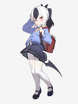1girl aged_down backpack bag black_hair black_horns black_skirt black_wings blue_archive blue_sweater blush child collared_shirt commentary dated demon_horns full_body furrowed_brow gb630k highres horns kayoko_(blue_archive) loafers long_sleeves looking_at_viewer missing_halo multicolored_hair necktie orange_necktie pantyhose pleated_skirt ponytail red_bag red_eyes shirt shoes single_wing skirt solo standing sweater two-tone_hair white_hair white_pantyhose white_shirt wings