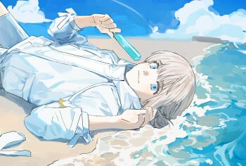 Rule 34 | 1boy, beach, blue eyes, fate/grand order, fate (series), food, highres, holding, holding food, holding popsicle, jacket, long sleeves, looking at viewer, lying, male focus, medium hair, nanagom, oberon (fate), oberon (refreshing summer prince) (fate), official alternate costume, on back, popsicle, sand, sky, smile, solo, upper body, white jacket