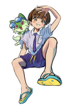 Rule 34 | 1boy, assassinookayu, brown eyes, brown hair, collared shirt, flip-flops, florian (pokemon), full body, highres, male focus, necktie, nintendo, pokemon, pokemon (creature), pokemon sv, sandals, shirt, short hair, shorts, smile, solo, sprigatito, white background