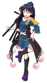 1girl alphes_(style) black_socks blue_dress blue_hair blue_shoes coat commentary_request dairi dress frilled_dress frills full_body gem geta hat holding holding_tripod iizunamaru_megumu kneehighs large_variant_set long_hair parody pointy_ears pom_pom_(clothes) purple_sandals ribbon_trim sandals shoes shoulder_guard sleeveless sleeveless_coat socks solo standing style_parody tachi-e tengu tengu-geta tokin_hat touhou transparent_background tripod variant_set