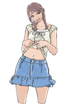 1girl absurdres braid breasts brown_hair clothes_lift cropped_legs denim denim_skirt grey_eyes highres lifting_own_clothes lipstick makeup midriff navel sakamoto_giulietta shirt shirt_lift simple_background skirt small_breasts smile twin_braids twintails white_background white_shirt