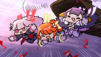 3girls absurdres aircraft arms_up black_jacket black_pants blunt_bangs bracelet center-flap_bangs closed_eyes commentary earrings english_commentary excited falling feather_earrings feathers frilled_sleeves frills gooster gradient_hair green_fur hair_flaps helicopter highres hololive hololive_english holomyth jacket jewelry jumping long_hair mole mole_under_eye mori_calliope multicolored_hair multiple_girls navel ninomae_ina&#039;nis open_mouth orange_hair outstretched_arms pants pink_eyes pink_hair poster_(object) purple_hair sidelocks sky smile straight_hair swept_bangs symbol-only_commentary takanashi_kiara tentacle_hair very_long_hair virtual_youtuber white_jacket white_pants