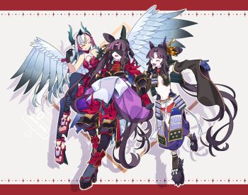 3girls absurdres armor asymmetrical_sleeves black_hair blindfold breast_curtains closed_eyes fate/grand_order fate_(series) feathered_wings feathers hair_bun hat highres japanese_armor kiichi_hogen_(fate) kujiramaru kusazuri long_hair mask_on_shoulder mismatched_sleeves multiple_girls navel panties parted_bangs pointy_ears red_panties shoulder_armor side_ponytail sidelocks single_side_bun sode suneate taira_no_kagekiyo_(fate) tate_eboshi underwear ushiwakamaru_(fate) very_long_hair white_hair white_wings wings