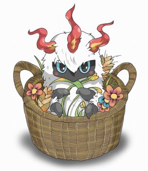 2011 basket blue_eyes blush commentary_request flower gen_5_pokemon larvesta looking_at_viewer nintendo pokemon pokemon_(creature) solo white_fur yata-nepia