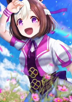 1girl animal_ears blue_sky blush bow braid breasts brown_hair cloud collared_shirt commentary_request dated_commentary flower half_up_braid highres horse_ears horse_girl jacket looking_at_viewer multicolored_hair open_mouth otono_(bkt4b) outdoors petals purple_bow purple_eyes purple_ribbon purple_vest rainbow ribbon shirt short_hair short_sleeves skirt sky small_breasts smile special_week_(special_dreamer)_(umamusume) special_week_(umamusume) two-tone_hair umamusume vest white_hair white_jacket white_shirt white_skirt wristband