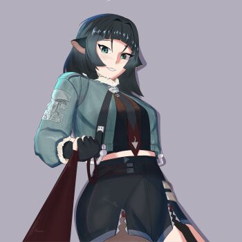 1girl absurdres animal_ears black_hair commentary crop_top femdom green_eyes highres jane_doe_(zenless_zone_zero) leash long_hair mouse_ears mouse_girl pov seductive_smile short_shorts shorts smile viewer_on_leash zenless_zone_zero