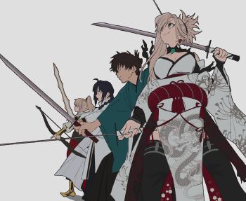 1girl 1other 2boys ahoge amenomurakumo-no-tsurugi_(fate) androgynous archer_(fate/samurai_remnant) arm_guards asymmetrical_hair betti_(xx_betti) black_hair black_hakama black_thighhighs blonde_hair blue_kimono bow_(weapon) braid breasts chinese_clothes cleavage dragon_print dual_wielding earrings fate/samurai_remnant fate_(series) floral_print grey_hair hair_intakes hair_over_shoulder hakama hanfu high_ponytail highres holding holding_bow_(weapon) holding_sword holding_weapon japanese_clothes jewelry katana kimono leaf_earrings magatama magatama_necklace miyamoto_iori_(fate) miyamoto_musashi_(fate) miyamoto_musashi_(woman_of_niten_ichiryuu)_(fate) multicolored_hair multiple_boys necklace pelvic_curtain pink_hair ponytail rope_belt sidelocks simple_background single_braid single_sidelock streaked_hair sword thighhighs topknot unsheathed weapon white_background white_hanfu white_kimono xiao_guan_(headdress) yamato_takeru_(fate)