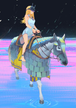1girl absurdres barding bare_shoulders barefoot blonde_hair breasts ddal highres horse horseback_riding leotard long_hair medium_breasts original reins riding ripples saddle solo stirrups_(riding) walking walking_on_liquid white_leotard wrist_cuffs