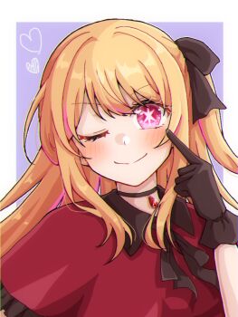 Rule 34 | 1girl, black bow, black choker, black gloves, blonde hair, blush, border, bow, choker, closed mouth, commentary request, finger to cheek, gem, gloves, hair bow, heart, hoshino ruby, idol, idol clothes, one eye closed, one side up, oshi no ko, pink eyes, pink hair, red gem, red shirt, shirt, smile, solo, star-shaped pupils, star (symbol), symbol-shaped pupils, toki 0502, white border