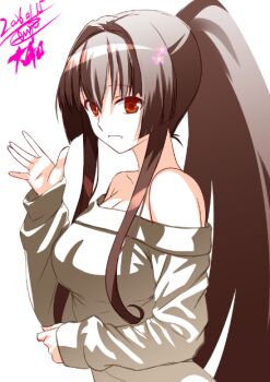 Rule 34 | 1girl, brown hair, character name, commentary request, dated, engo (aquawatery), hair intakes, kantai collection, long hair, off-shoulder sweater, off shoulder, one-hour drawing challenge, red eyes, sidelocks, signature, simple background, solo, sweater, upper body, very long hair, waving, white background, white sweater, yamato (kancolle)