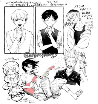 3girls 4boys :d animal_collar animal_hands blazer collar collared_shirt commentary_request cropped_torso dog_boy dog_girl dog_paws dress_shirt electric_guitar fender_telecaster floppy_ears fujii_ayame futsuu_no_keion-bu glasses greyscale guitar gyogyo_kasien hair_ornament hairpin hand_on_own_chin hand_up hatono_chihiro head_tilt holding holding_guitar holding_instrument hood hooded_jacket instrument jacket kawakami_jun kemonomimi_mode kouyama_rin lapels leather leather_jacket licking_paw long_sleeves monochrome multicolored_hair multiple_boys multiple_girls neck_ribbon necktie noro_ataru off_shoulder open_clothes open_jacket open_mouth pixie_cut pleated_skirt puff_of_air ribbon roots_(hair) sandals school_uniform shirt short_hair short_sleeves skirt slides small_pupils smile socks spot_color sweater_vest takami_kouki tall_hair tank_top tohno_gen translation_request wolf_cut