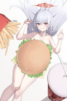 1girl absurdres artist_name bare_shoulders blue_archive braid bread_bun breasts burger check_commentary cheese cleavage closed_mouth commentary_request cowboy_shot cup disposable_cup drinking_straw food food_on_body french_fries grin halo haruna_(blue_archive) highres kurochomo large_breasts lettuce long_hair looking_at_viewer lying on_back oversized_food oversized_object red_eyes red_halo sesame_seeds sideboob simple_background single_braid sliced_cheese smile solo teeth twitter_username white_background