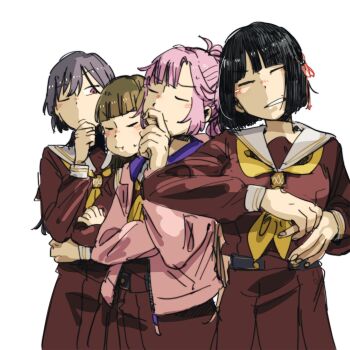 4girls 524ryo :i ahoge anyoji_hime black_hair blunt_bangs blunt_ends blush bob_cut breasts brown_dress brown_hair clenched_teeth closed_eyes closed_mouth commentary commentary_request cowboy_shot crossed_arms dress english_commentary facing_viewer grey_hair hand_on_own_chin hasu_no_shoushihenkei hasu_no_sora_school_uniform highres hood hooded_jacket jacket kachimachi_kosuzu katsuragi_izumi link!_like!_love_live! long_sleeves looking_at_another love_live! medium_breasts mixed-language_commentary momose_ginko multi-tied_hair multiple_girls neckerchief open_clothes open_jacket pink_eyes pink_hair pink_jacket pleated_dress ponytail sailor_collar sailor_dress school_uniform short_hair sidelocks simple_background stroking_own_chin sweatdrop teeth thinking virtual_youtuber white_background white_sailor_collar winter_uniform yellow_neckerchief