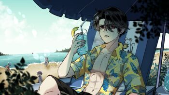 1boy abs animal animal_on_shoulder beach beach_chair black_hair commentary cup day drink drinking_glass drinking_straw english_commentary food fruit hair_between_eyes highres lemon lemon_slice looking_at_viewer male_focus mole mole_on_chest mouse_(animal) open_clothes open_shirt original outdoors parted_bangs parted_lips pectorals people plant_print print_shirt red_eyes ryuuxin shirt short_hair short_sleeves sitting sky solo_focus sweat toned toned_male yellow_shirt