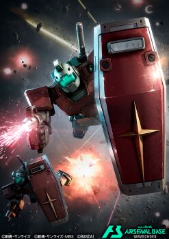 Rule 34 | army, bandai, battle, beam gun, beam rifle, blue visor, commentary request, copyright notice, debris, earth federation, energy, energy beam, energy gun, explosion, firing, fleet, glowing, gm (mobile suit), gundam, gundam arsenal base, kumagoro1108, logo, mecha, mecha focus, mobile suit, mobile suit gundam, muzzle flash, no humans, official art, promotional art, realistic, robot, roundel, scene reference, science fiction, shield, space, thrusters, war, weapon, zero gravity