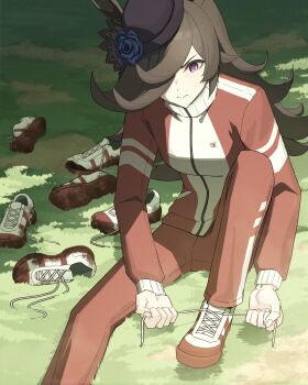 1girl absurdres amat80 animal_ears blue_flower blue_hat blue_rose breasts brown_hair closed_mouth commentary english_commentary flipped_hair flower grass hair_over_one_eye hat hat_flower highres horse_ears horse_girl horse_tail jacket long_hair outdoors pants purple_eyes red_jacket red_pants red_track_suit rice_shower_(umamusume) rose shoes sitting solo tail tilted_headwear tracen_training_uniform track_jacket track_pants track_suit tying_footwear umamusume unworn_shoes