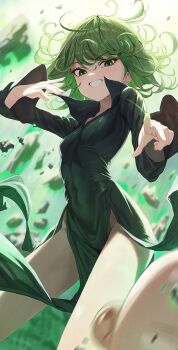 1boy 1girl absurdres black_dress breasts commentary_request covered_navel curly_hair debris dress green_eyes green_hair grin highres long_sleeves looking_at_viewer one-punch_man pelvic_curtain petite popped_collar re_naya saitama_(one-punch_man) small_breasts smile tatsumaki teeth