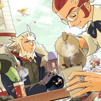 1girl 2boys :&lt; ahoge beard black_jacket blue_sky coffee_pot cup disposable_coffee_cup disposable_cup elbows_on_table facial_hair fingerless_gloves fletchinder fletchling fur-trimmed_jacket fur_trim gen_6_pokemon glasses gloves gradient_hair griselle_(pokemon) grisham_(pokemon) hair_pulled_back jacket jewelry l_(pokemon) legendary_pokemon looking_afar migonado multicolored_hair multiple_boys nintendo opaque_glasses orange_hair own_hands_together pokemon pokemon_(creature) pokemon_legends:_z-a ponytail ring sky sweat trembling two-tone_hair wavy_hair white_eyes white_hair zygarde zygarde_(10)