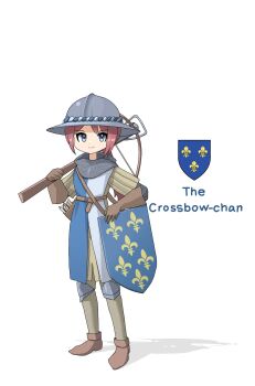 Rule 34 | 1girl, armor, belt, blue eyes, blue surcoat, bolt (hardware), boots, bow (weapon), braided band, brown gloves, character name, closed mouth, coat of arms, commentary, crossbow, english commentary, english text, fleur-de-lis, france, full body, gambeson, gloves, greaves, grey scarf, helmet, heraldry, highres, holding, holding behind back, holding shield, holding weapon behind back, invisible floor, kettle hat, leg armor, leochan1202, looking at viewer, medieval, original, pavise, pink hair, quiver, real life, scarf, shadow, shield, short hair, simple background, smile, soldier, solo, strap, surcoat, tabard, weapon, white background