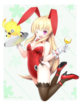 1girl ;d animal_ears bow bowtie character_request cup detached_collar drinking_glass gloves long_hair one_eye_closed open_mouth phantasy_star phantasy_star_online_2 playboy_bunny rabbit_ears rabbit_tail revision shion_(shion_usm) smile tail thighhighs tray white_gloves wine_glass