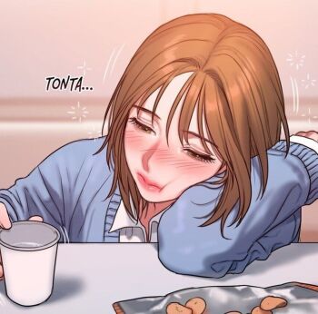 Rule 34 | 1girl, bad thinking diary, blue shirt, blush, brown eyes, brown hair, closed mouth, eating, hand up, kim minji (bad thinking diary), long hair, looking down, shirt, spanish text, white shirt