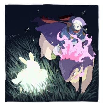 Rule 34 | 1girl, akari (pokemon), black background, black hair, black sash, blue coat, border, coat, fire, full body, galaxy expedition team survey corps uniform, headscarf, hisuian typhlosion, isutai, leg warmers, long hair, looking at object, nintendo, on grass, outdoors, pokemon, pokemon (creature), pokemon legends: arceus, ponytail, purple fire, purple fur, red scarf, riding, riding pokemon, sash, scarf, sidelocks, standing, two-tone fur, white border, white headscarf, white leg warmers, yellow fur