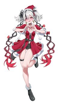 Rule 34 | 1girl, alternate costume, black choker, black eyes, black flower, black leotard, black shoes, blake bloom (wuthering waves), blush, breasts, camellya (wuthering waves), capelet, choker, commentary request, dress, earrings, flower, full body, fur-trimmed capelet, fur-trimmed dress, fur trim, gluteal fold, gold earrings, hair between eyes, hair flower, hair ornament, hair ribbon, hair vines, hat, heart, heart hands, high-low dress, highres, jewelry, korean commentary, leotard, looking at viewer, medium breasts, open mouth, red capelet, red pupils, red ribbon, ribbon, rkin, santa hat, shoes, short hair, short twintails, simple background, smile, solo, tacet mark (wuthering waves), thigh gap, thigh strap, twintails, whip, white background, wuthering waves