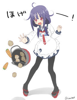 1girl ahoge apron black_pantyhose blue_sailor_collar blue_skirt carrot commentary cooking_pot full_body geta hair_flaps hair_ornament kantai_collection kujira_naoto low_twintails magatama onion pantyhose pleated_skirt potato purple_hair red_eyes sailor_collar sailor_shirt school_uniform serafuku shirt simple_background skirt solo symbol-only_commentary taigei_(kancolle) translation_request twintails whale_hair_ornament white_apron white_background