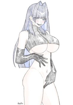 Rule 34 | 1girl, bare shoulders, biscuitaart, black thighhighs, blue eyes, blue hair, blush, breasts, cleavage, ear piercing, elbow gloves, fangs, forked tongue, glasses, gloves, grin, hair intakes, highres, hololive, hololive english, large breasts, long hair, looking at viewer, midriff, navel, ouro kronii, piercing, simple background, skirt, smile, solo, thighhighs, tongue, underboob, upper body, virtual youtuber, white background, zipper