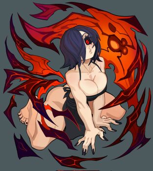 1girl all_fours apron black_apron black_hair black_nails black_sclera breasts cleavage collarbone colored_sclera commentary feet fingernails full_body grey_background hair_over_one_eye highres kirishima_touka large_breasts looking_at_viewer nail_polish naked_apron nezo one_eye_covered parted_bangs parted_lips red_eyes short_hair simple_background solo toenail_polish toenails toes tokyo_ghoul