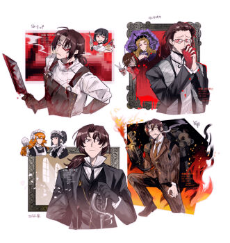 1boy 4girls arm_behind_back beard_stubble black_gloves bleeding blood blood_on_face blood_splatter brown_eyes brown_hair burning censored cigarette cleaver collared_shirt colored_extremities doodle_inset elbow_gloves embers facial_hair fire firefist_office_(identity)_(project_moon) flamethrower gas_can gauntlets glasses gloves gregor_(project_moon) hair_slicked_back hand_on_own_hip highres holding holding_cleaver holding_knife ishmael_(project_moon) knife ko_bammm la_manchaland_(identity)_(project_moon) leather leather_apron leather_gloves limbus_company low_ponytail mini_person minigirl mosaic_censoring multiple_girls multiple_views neck_ribbon necktie official_alternate_costume outis_(project_moon) own_hands_clasped own_hands_together ponytail portrait portrait_(object) project_moon prosthesis prosthetic_arm r.b._(identity)_(project_moon) red_eyes red_hands red_necktie ribbon rodion_(project_moon) ryoshu_(project_moon) shirt smoking stole striped_clothes striped_shirt stubble translation_request weapon white_shirt window wuthering_heights_(identity)_(project_moon)