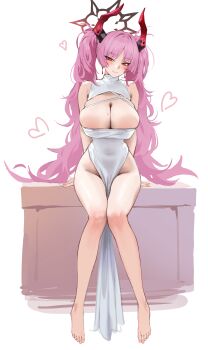 1girl absurdres alternate_costume alternate_hairstyle arm_support armpit_crease bare_legs barefoot blue_archive blush breasts commentary demon_horns dress earrings full_body groin halo heart highres horns jewelry knees_together_feet_apart long_hair looking_at_viewer mole mole_on_breast nankam76 pelvic_curtain pink_hair red_eyes satsuki_(blue_archive) simple_background sitting smile solo teardrop_earrings toes twintails very_long_hair white_background white_dress