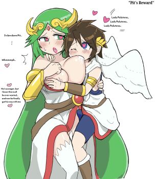 Rule 34 | angel, blush, breast press, breast sucking, breastfeeding, breasts, buldge in pants, bulge, english text, erection, erection under clothes, grabbing another's breast, green eyes, green hair, groping, heart, highres, kid icarus, kid icarus uprising, lactation, large breasts, lipstick, makeup, matching hair/eyes, nintendo, nipples, palutena, pit (kid icarus), thighhighs, third-party edit, white-stew, wings