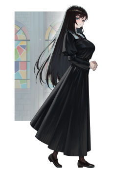 1girl absurdres black_dress black_shoes blue_eyes blush closed_mouth commentary cross cross_necklace dress full_body gemi_ningen highres jewelry light_smile long_hair looking_at_viewer necklace nun original own_hands_clasped own_hands_together shoes simple_background solo symbol-only_commentary white_background