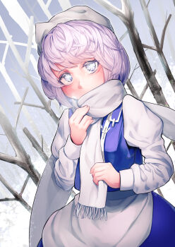 1girl aegyo_sal apron blue_skirt blue_vest blush breath commentary hat highres juliet_sleeves letty_whiterock long_sleeves looking_at_viewer outdoors puffy_sleeves purple_hair scarf shirt short_hair skirt skirt_set solo touhou tree vest waist_apron white_apron white_hat white_scarf white_shirt yawdeone