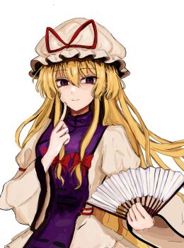 Rule 34 | 1girl, 83mkneinlsqmebq, blonde hair, closed mouth, dress, finger to cheek, hair between eyes, hair ribbon, hand fan, hat, highres, holding, holding fan, long hair, long sleeves, looking at viewer, mob cap, purple eyes, purple tabard, ribbon, sidelocks, smile, solo, tabard, touhou, upper body, very long hair, white background, white dress, yakumo yukari