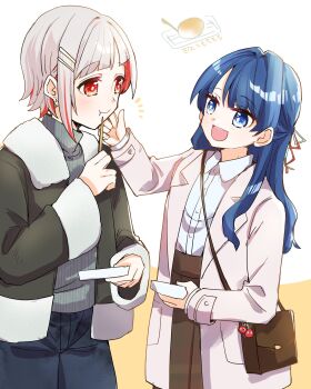 2girls black_jacket blue_eyes blue_hair blue_pants brown_skirt coat collared_shirt commentary_request cowboy_shot dollchestra fur-trimmed_jacket fur_trim grey_sweater half_updo highres holding jacket kanduki_kamibukuro link!_like!_love_live! long_hair long_sleeves love_live! multiple_girls murano_sayaka notice_lines open_clothes open_coat pants shirt skirt sweater turtleneck turtleneck_sweater virtual_youtuber white_coat white_shirt yugiri_tsuzuri