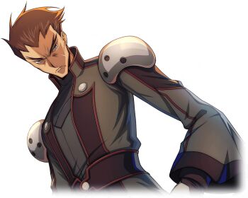 1boy armor artist_request black_coat brown_hair closed_mouth coat code_geass code_geass:_lost_stories dutch_angle forehead furrowed_brow game_cg grey_eyes long_sleeves looking_at_viewer male_focus military_uniform non-web_source official_art serious short_hair shoulder_armor solo spiked_hair standing toudou_kyoushirou upper_body v-shaped_eyebrows wide_sleeves